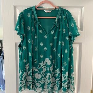LC Lauren Conrad Teal Green Floral-Print Flutter Sleeve Blouse